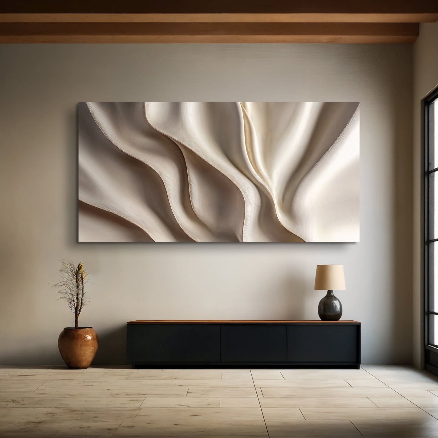 Beige minimalist wall art V canvas with flowing cream folds on Tampa Home & Garden Store