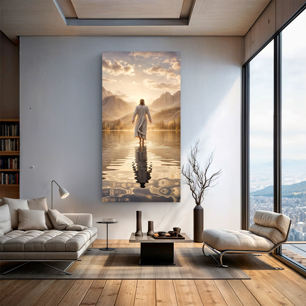 Reflections Faith IV canvas by Tailored Canvases; figure on water toward peaks at sunrise on Tampa Home & Garden Store