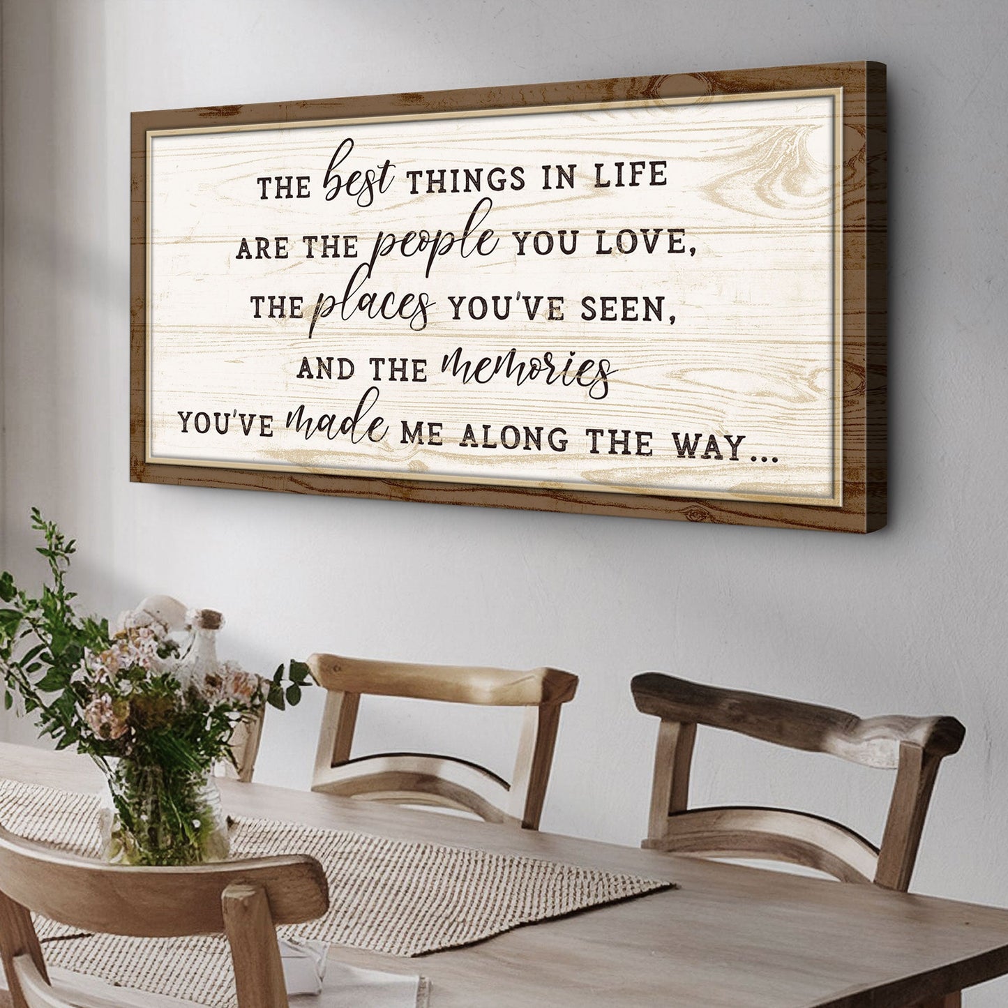 The Best Things In Life Sign VI canvas wall art in a rustic brown wood frame on Tampa Home & Garden Store