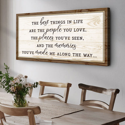 The Best Things In Life Sign VI canvas wall art in a rustic brown wood frame on Tampa Home & Garden Store