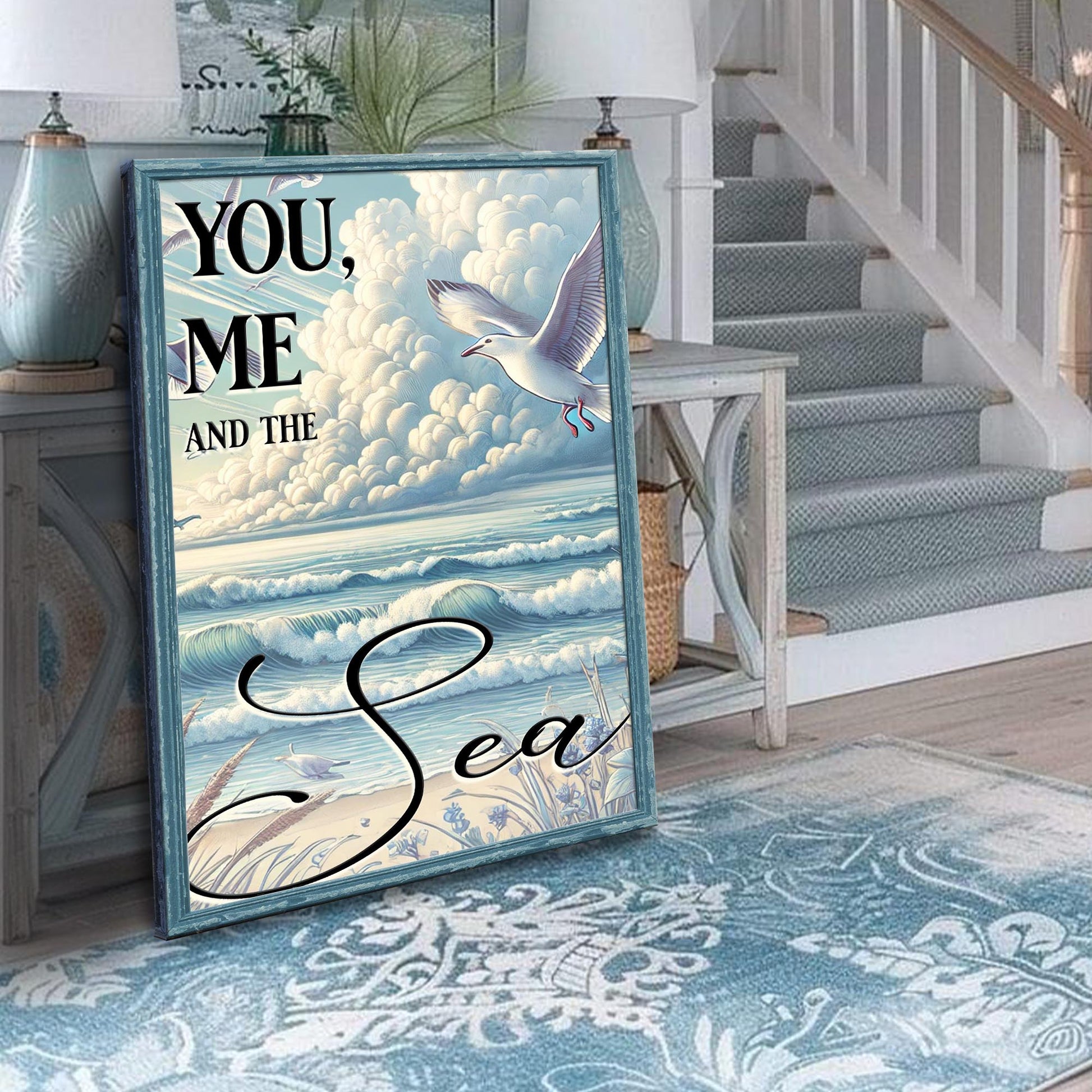 You Me and the Sea Coastal Sign IV canvas in turquoise distressed frame by Tailored Canvases on Tampa Home & Garden Store