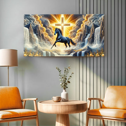 3D Horse Faith Wall Art III canvas with a blue rearing horse before a radiant cross on Tampa Home & Garden Store