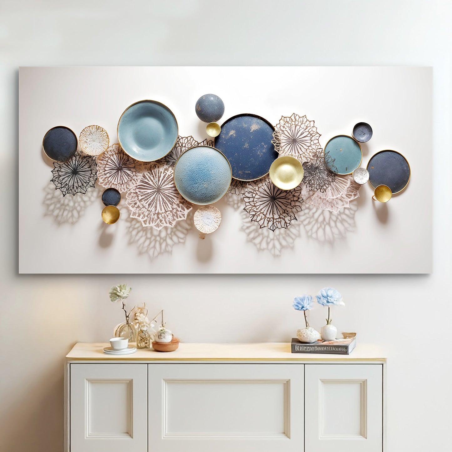 Lotus Leaf Abstract Wall Art III canvas in blue and gold discs with lace Tailored Canvases on Tampa Home & Garden Store