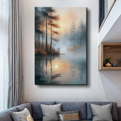 Misty Lake Wall Art canvas by Tailored Canvases, serene forest lakeside sunset scene on Tampa Home & Garden Store