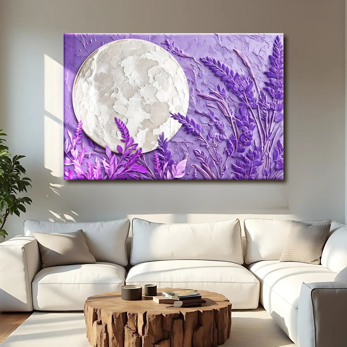 3D Lavander Moon wall art canvas featuring a textured white moon on lavender backdrop on Tampa Home & Garden Store