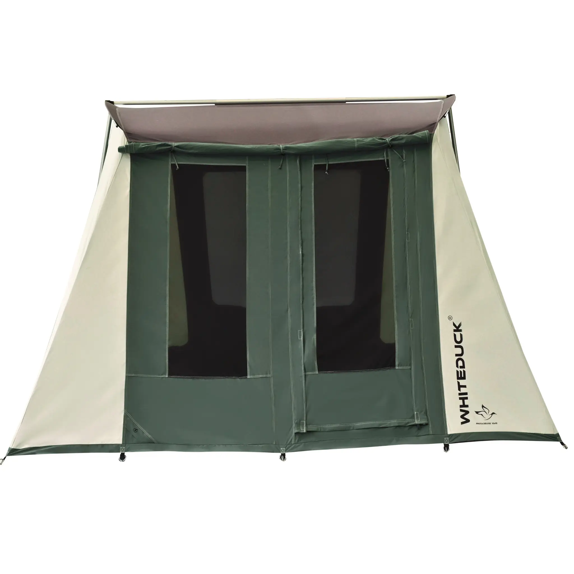 Prota Canvas Tent 10x10 in green with beige front panel and White Duck Outdoors branding on Tampa Home & Garden Store