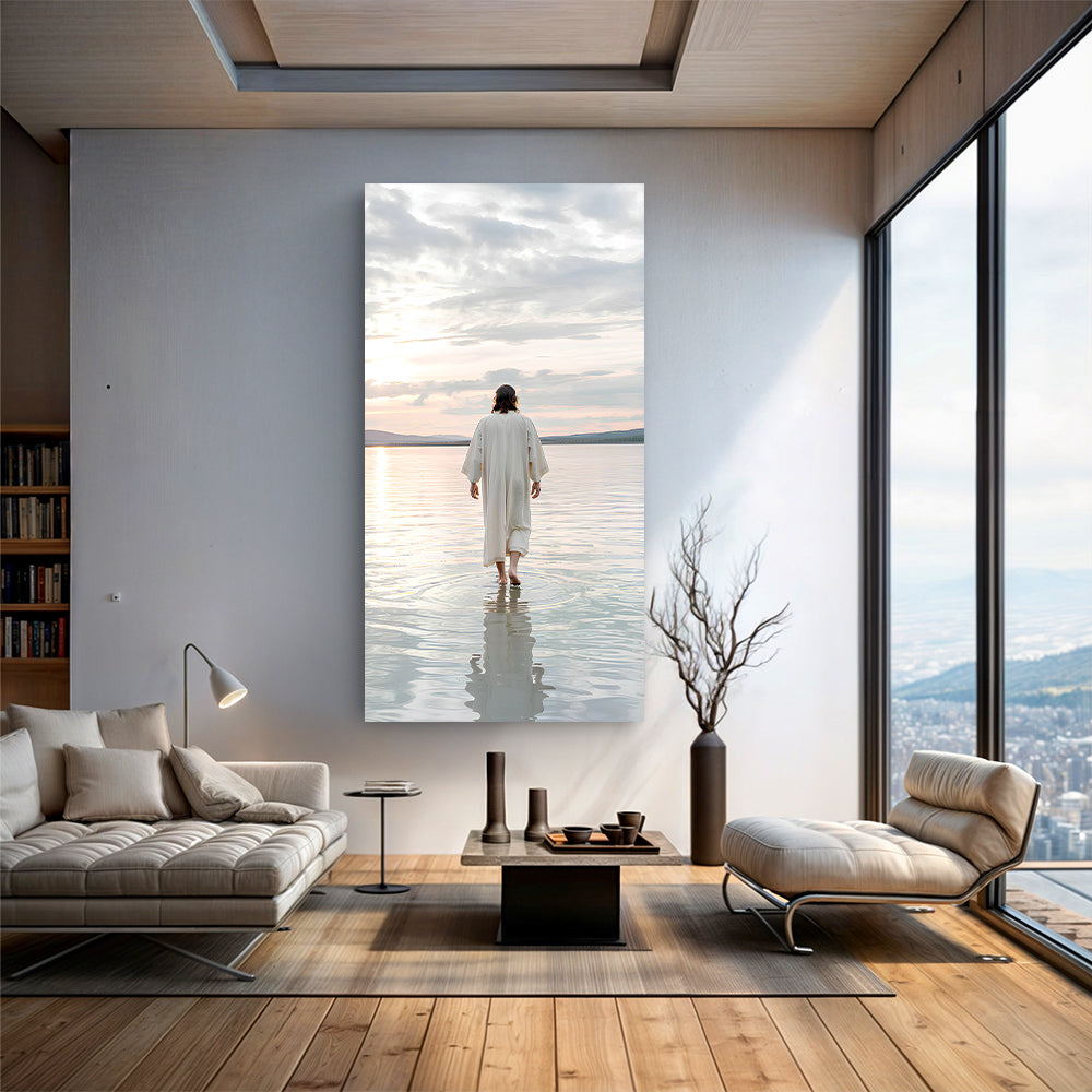 Reflections Faith Wall Art XV canvas, white-robed figure walks into calm waters at sunset on Tampa Home & Garden Store