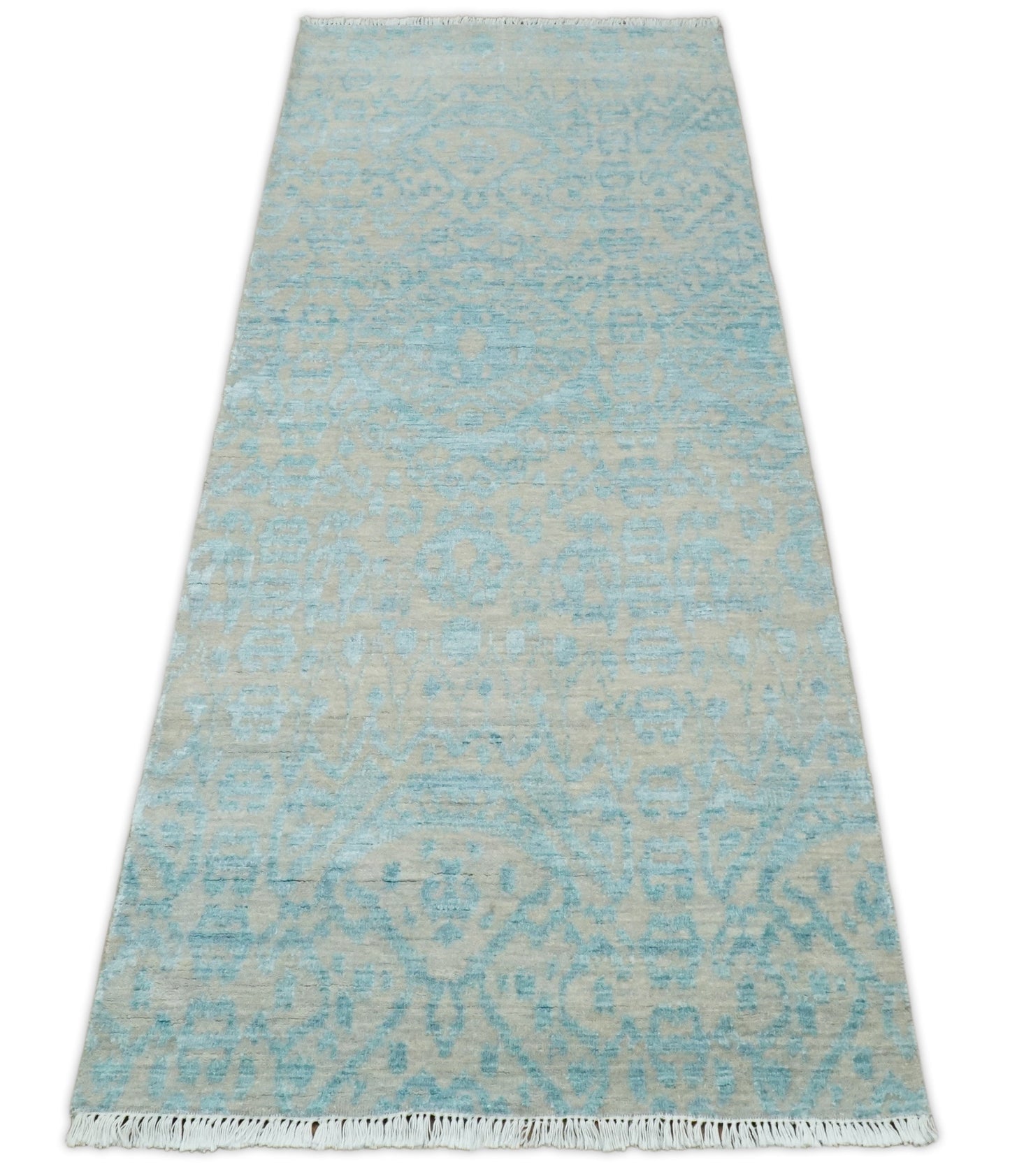 Alfombra antigua de lana y seda, estilo persa tradicional, anudada a mano, de 2,6 x 8 pulgadas, en tonos camel y azul | AGR26