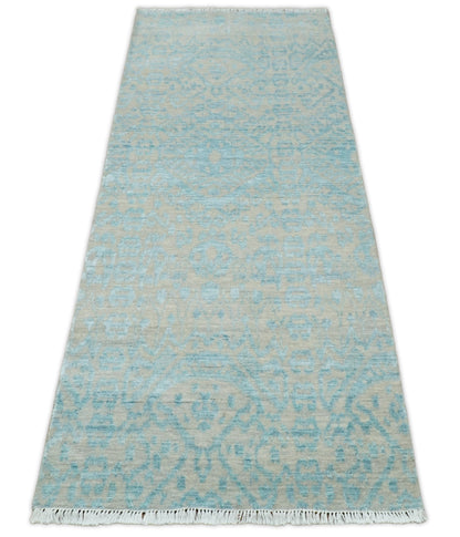 Alfombra antigua de lana y seda, estilo persa tradicional, anudada a mano, de 2,6 x 8 pulgadas, en tonos camel y azul | AGR26