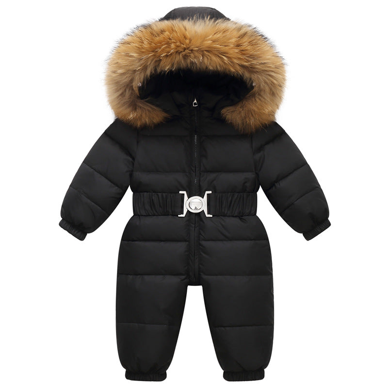 Stevvex black padded winter baby snowsuit with fur hood and belt windproof one-piece on Tampa Home & Garden Store