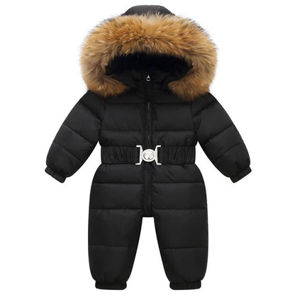 Stevvex black padded winter baby snowsuit with fur hood and belt windproof one-piece on Tampa Home & Garden Store