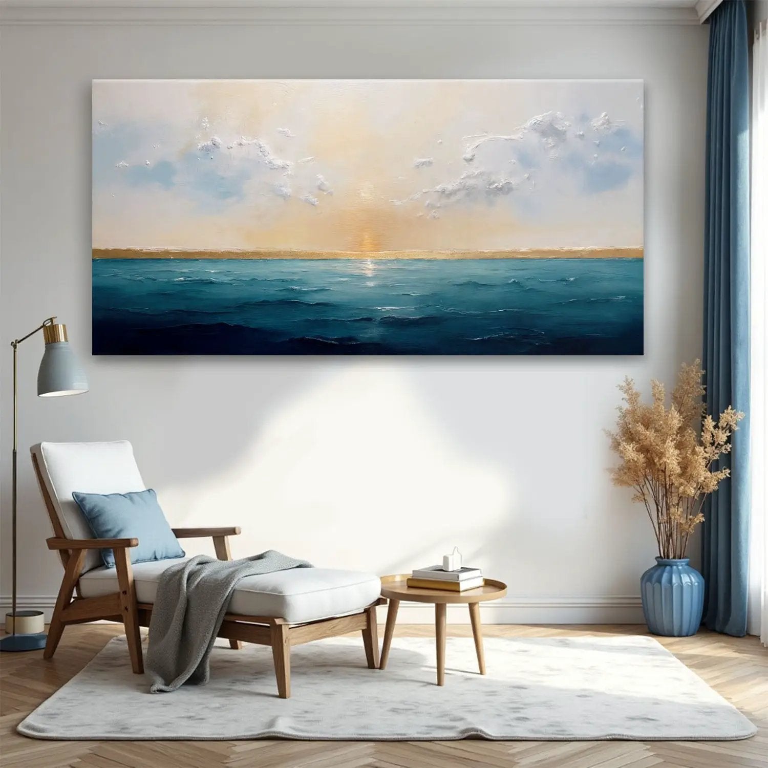 Waterscape Abstract Wall Art VI canvas with blue ocean tones and orange horizon on Tampa Home & Garden Store