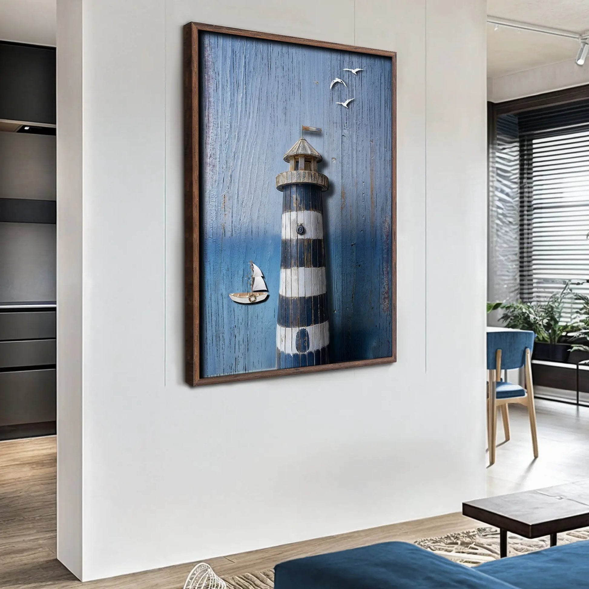 Wooden Lighthouse Coastal Wall Art III canvas framed with weathered blue backdrop on Tampa Home & Garden Store