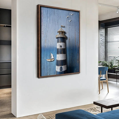 Wooden Lighthouse Coastal Wall Art III canvas framed with weathered blue backdrop on Tampa Home & Garden Store