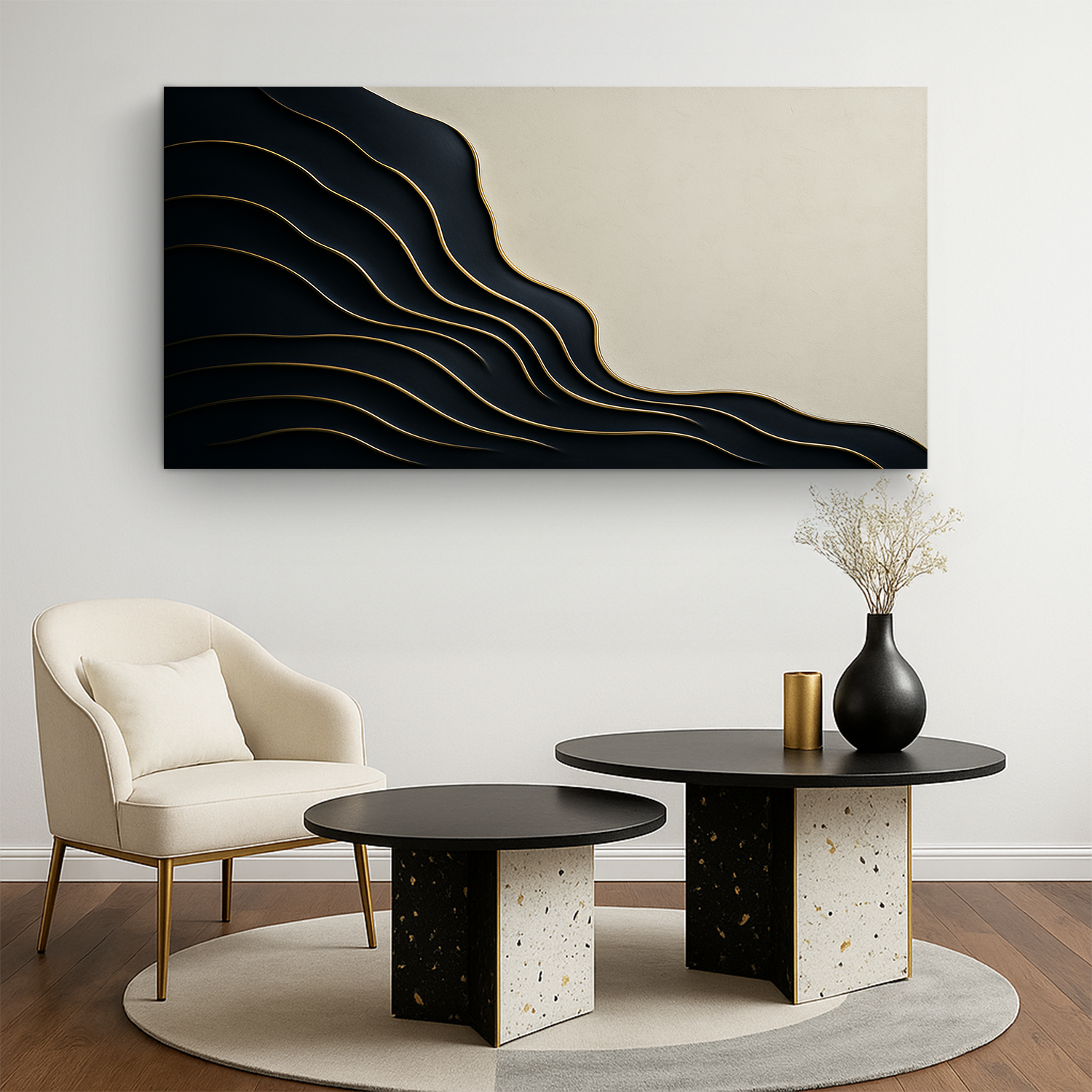 Black and gold minimalist abstract wall art canvas Tailored Canvases with beige background on Tampa Home & Garden Store