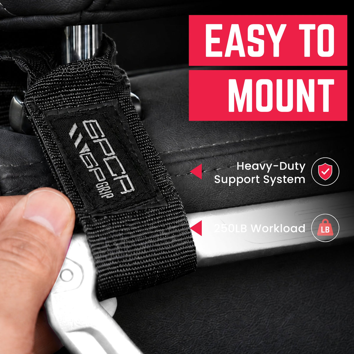 Back Grip PRO headrest handles for Tesla S/3/Y by GPCA, black strap with white stitching on Tampa Home & Garden Store
