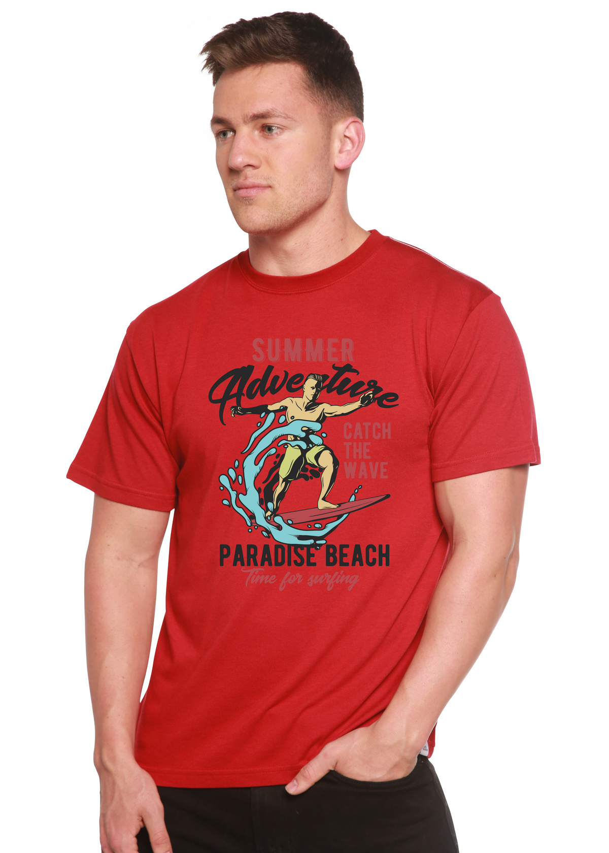 Catch The Wave men's red tee with surfer artwork, bamboo viscose/organic cotton, Spun Bamboo on Tampa Home & Garden Store