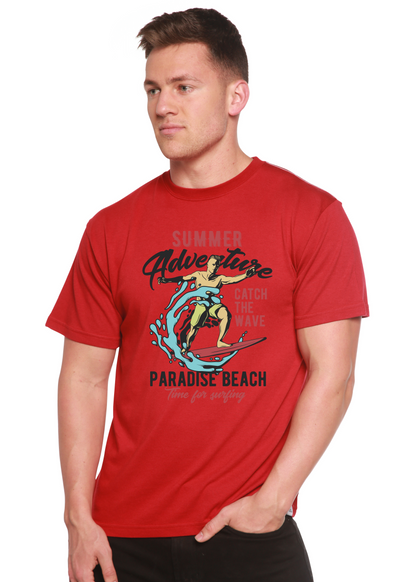 Catch The Wave men's red tee with surfer artwork, bamboo viscose/organic cotton, Spun Bamboo on Tampa Home & Garden Store