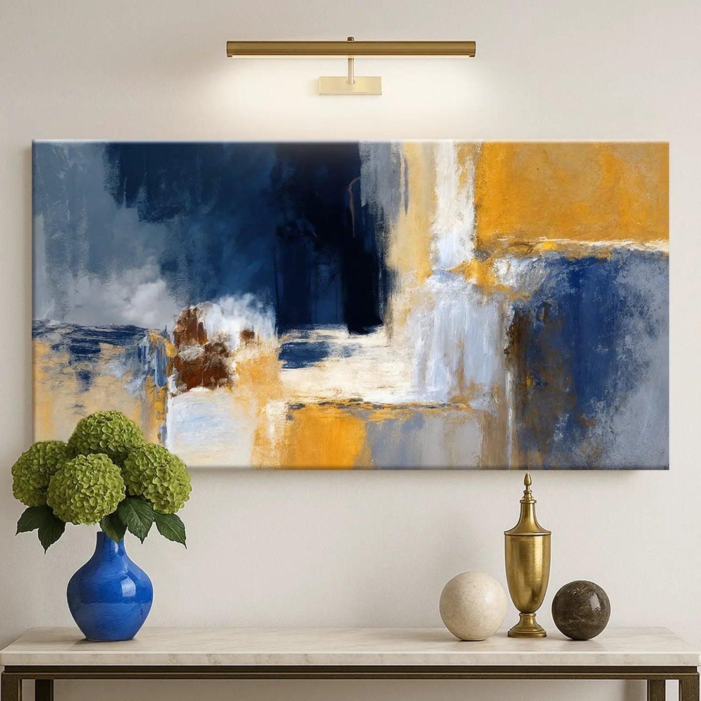 Abstract Geometric Lines IV canvas by Tailored Canvases in blue and orange abstract blocks on Tampa Home & Garden Store