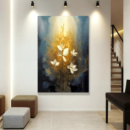 Golden Glow Flower Wall Art canvas Tailored Canvases, gilded blossoms on blue background on Tampa Home & Garden Store