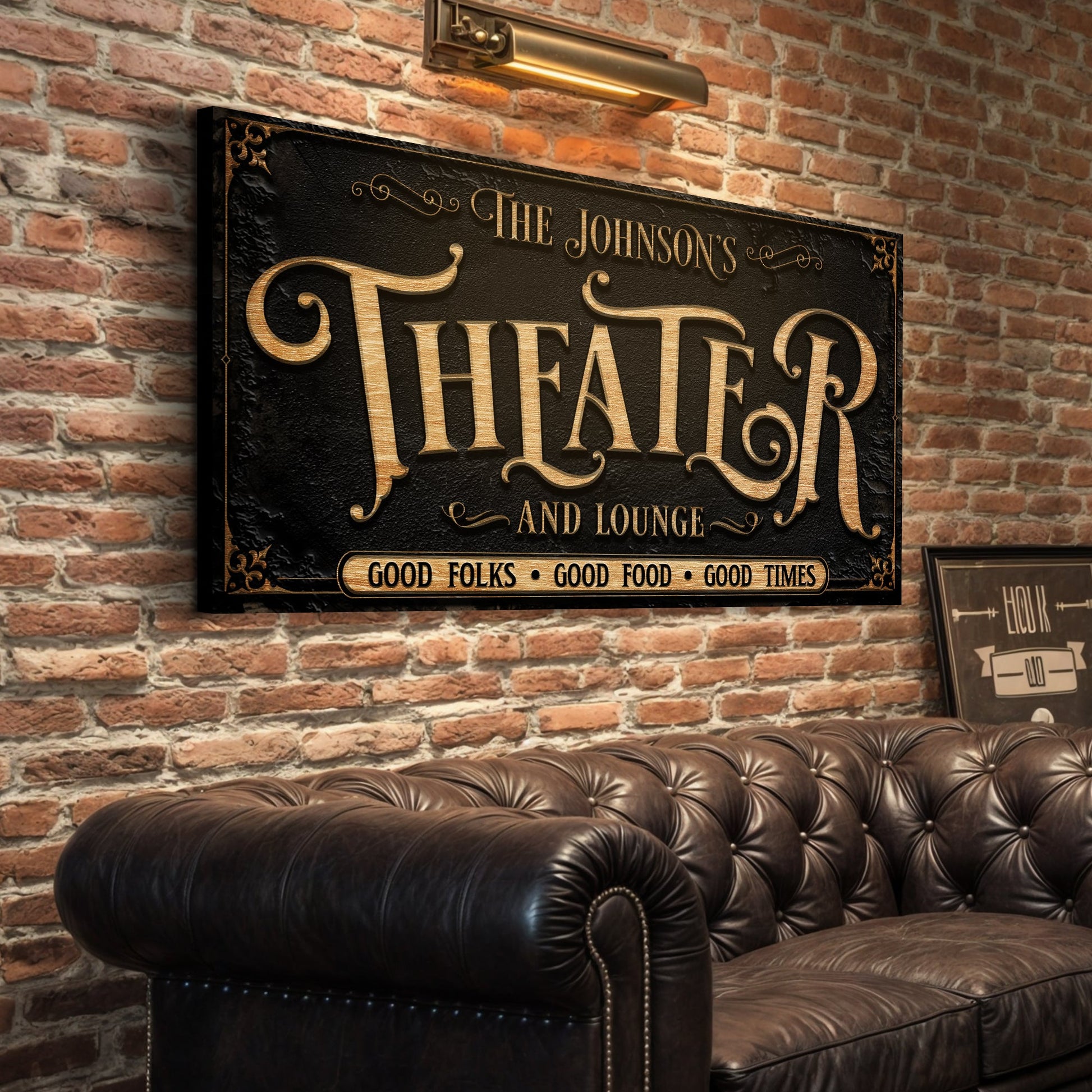 Personalized Theater Sign III canvas with black background and gold lettering on Tampa Home & Garden Store