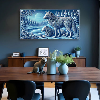 3D Wolves Wall Art VI canvas by Tailored Canvases in blue winter forest with two wolves under a moon on Tampa Home & Garden Store