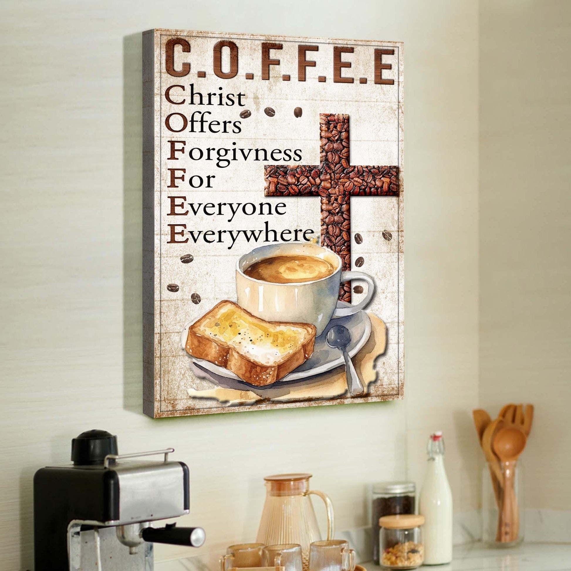 Christ And Coffee Faith Sign IV canvas by Tailored Canvases with coffee-bean cross toast on Tampa Home & Garden Store