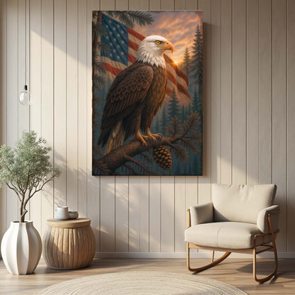 Sentinel of the Pines Eagle Canvas by Tailored Canvases with American flag backdrop on Tampa Home & Garden Store