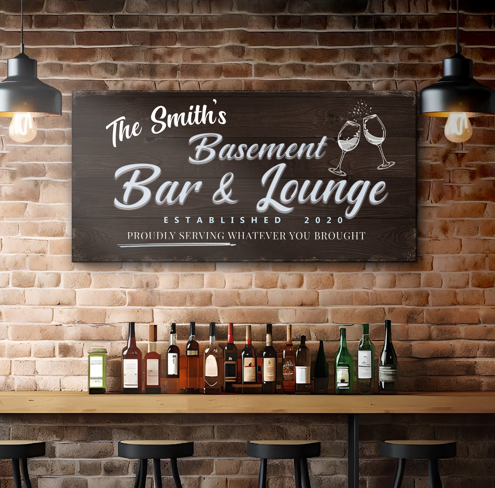 Basement Bar And Lounge canvas sign with wood grain, white script and wine glass on brick wall on Tampa Home & Garden Store