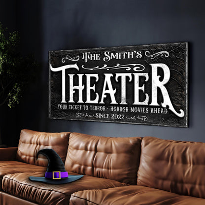 Theater Sign VII canvas wall art with black textured background and white ornate lettering Tailored Canvases on Tampa Home & Garden Store
