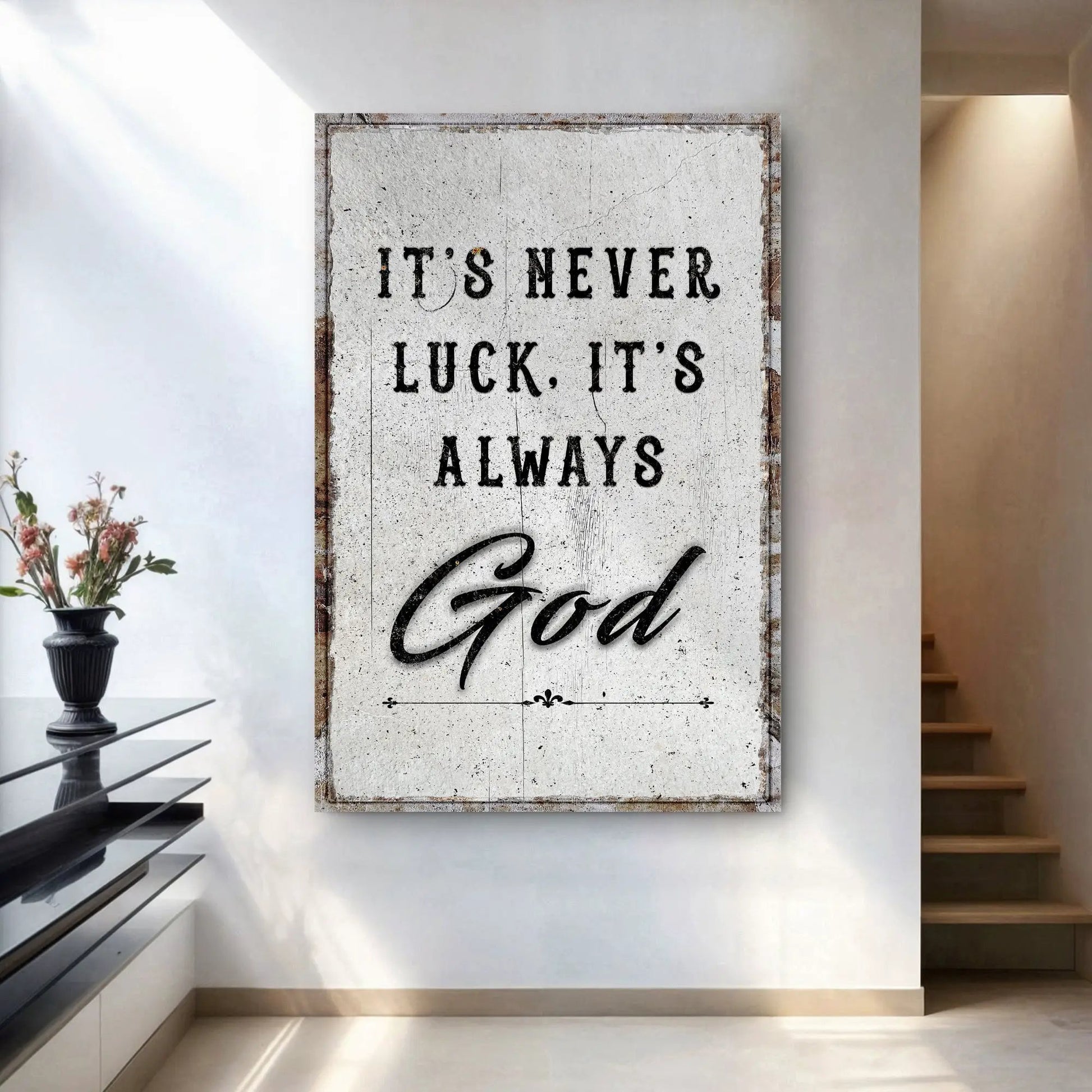 It's Never Luck, It's Always God Faith Wall Art canvas with rustic weathered border on Tampa Home & Garden Store