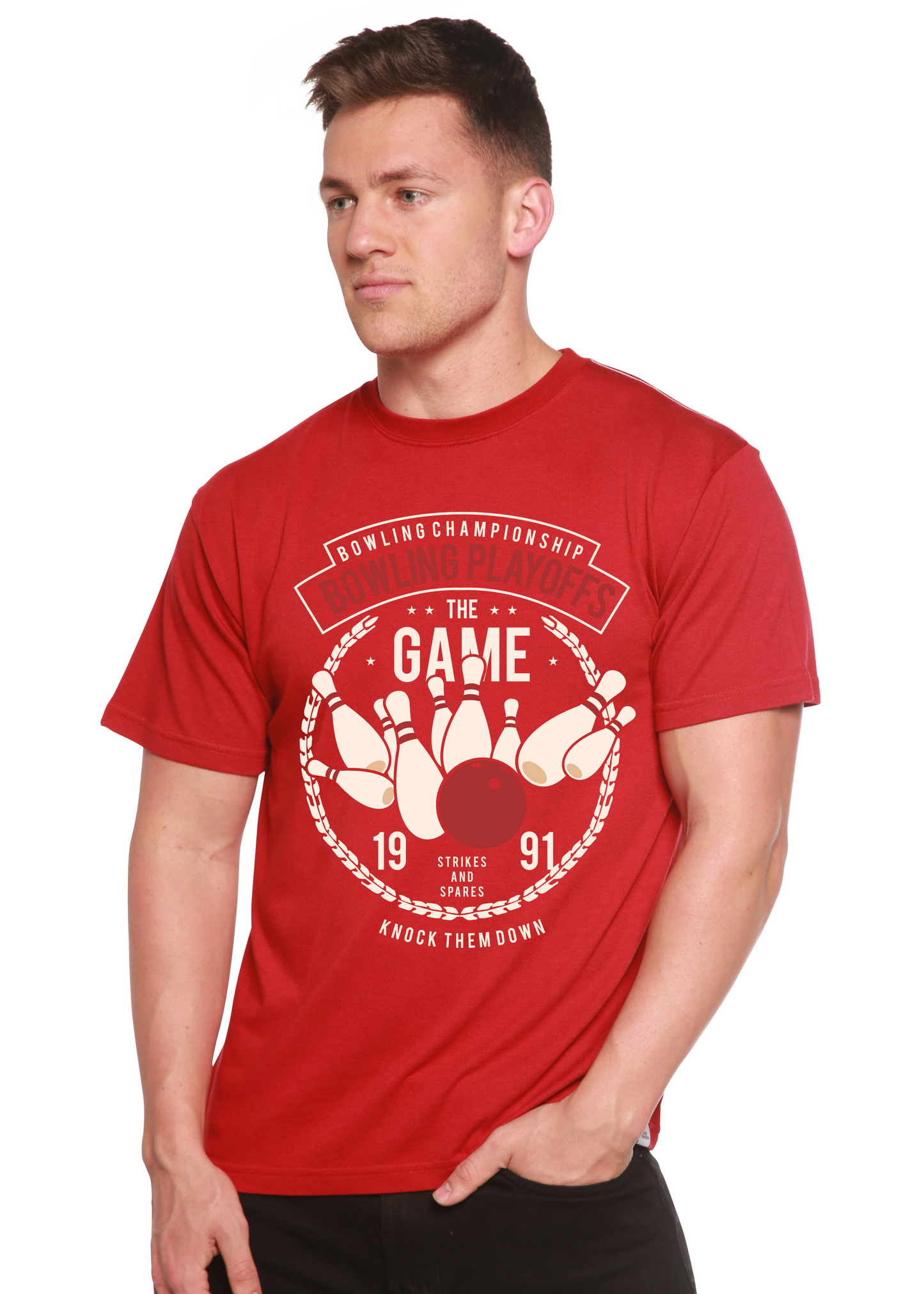 Bowling Playoffs men's bamboo viscose/organic cotton graphic tee red with bowling motif on Tampa Home & Garden Store