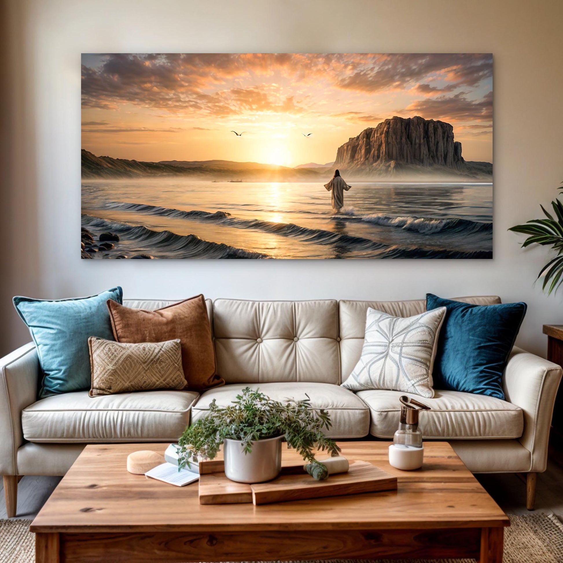 Walking on Water Faith Wall Art X canvas by Tailored Canvases; sunrise seascape robed figure on Tampa Home & Garden Store