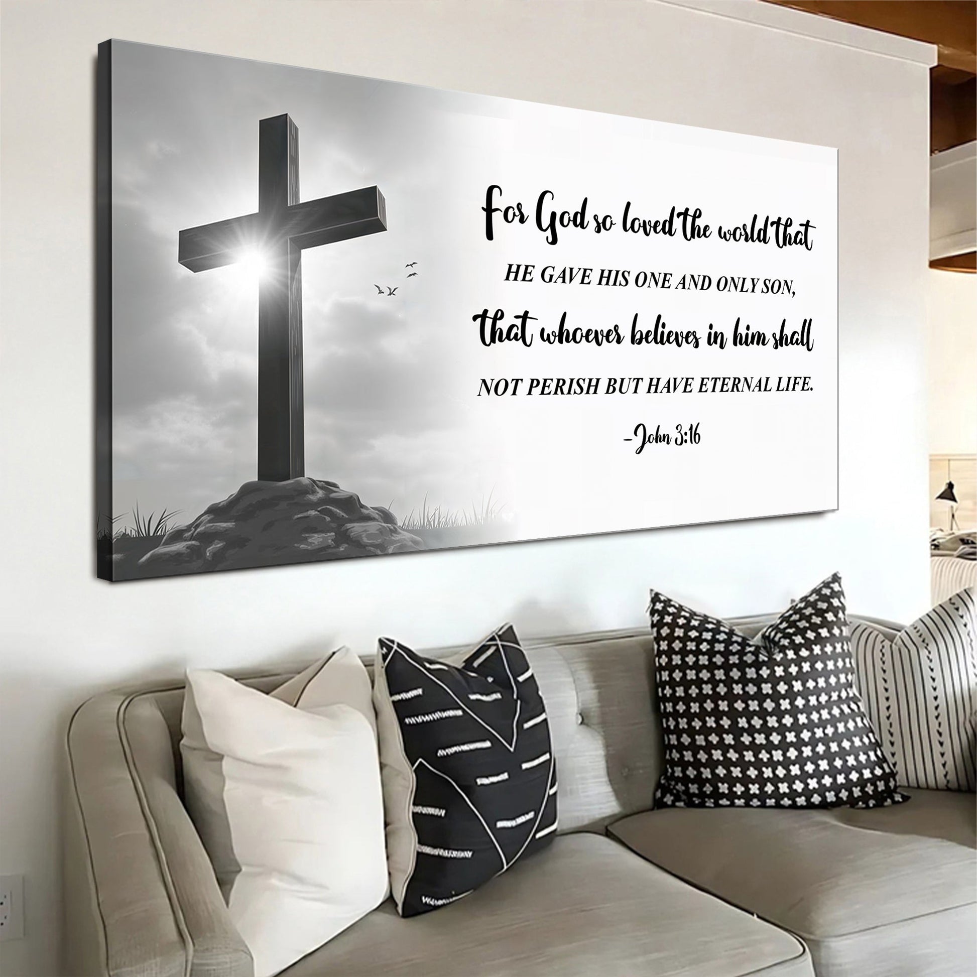 Canvas Faith Sign VI by Tailored Canvases featuring a black cross and John 3:16 scripture on Tampa Home & Garden Store