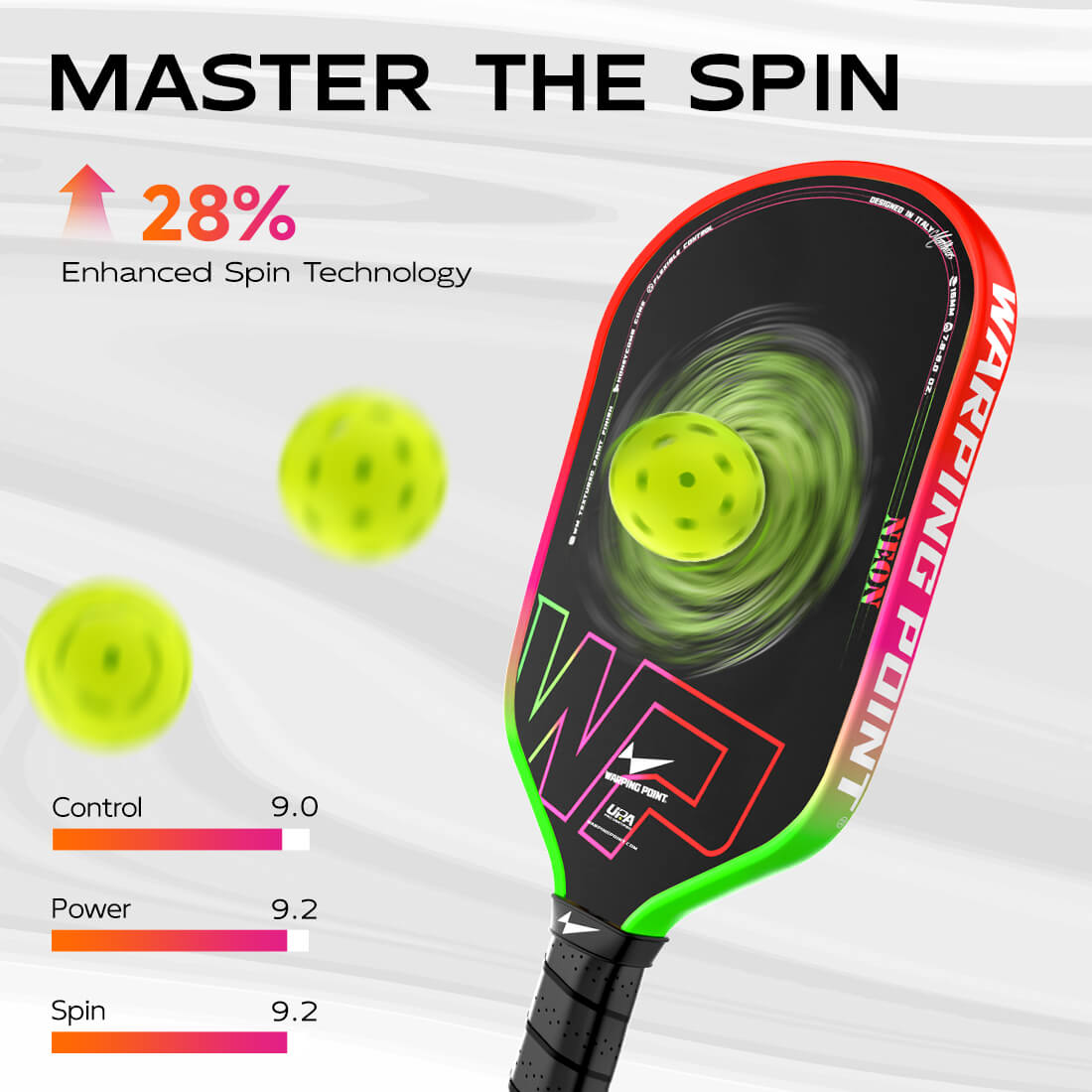 Warping Point Neon Pickleball Paddle Gen 3 with black face and neon gradient rim on Tampa Home & Garden Store