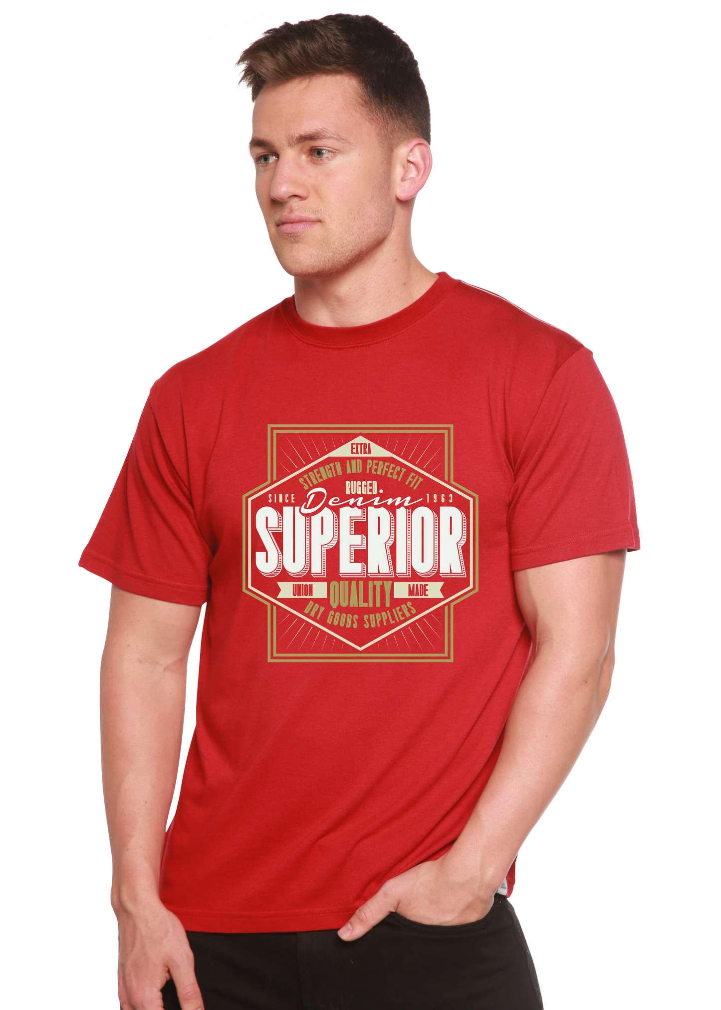 Men's red Spun Bamboo short sleeve graphic T shirt with badge print SUPERIOR on Tampa Home & Garden Store