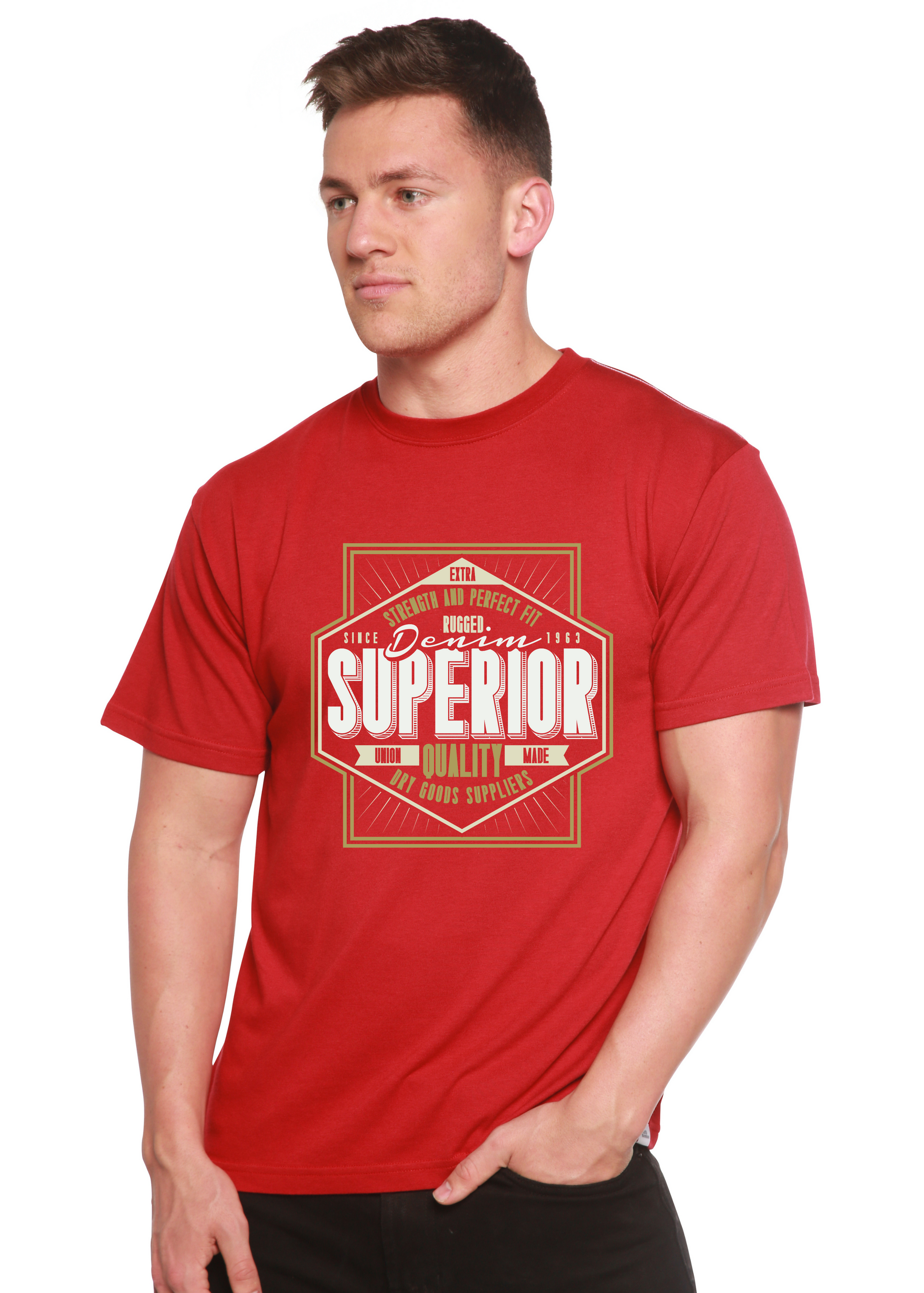Men's red Spun Bamboo short sleeve graphic T shirt with badge print SUPERIOR on Tampa Home & Garden Store