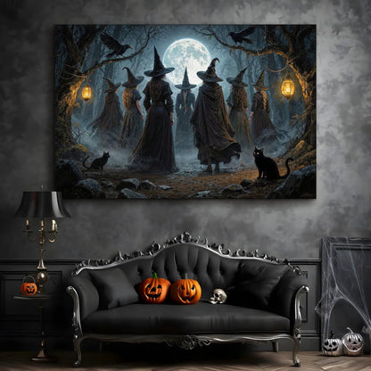 Coven of Witches Halloween Wall Art canvas, witches, lanterns, ravens and black cats in a moonlit forest on Tampa Home & Garden Store