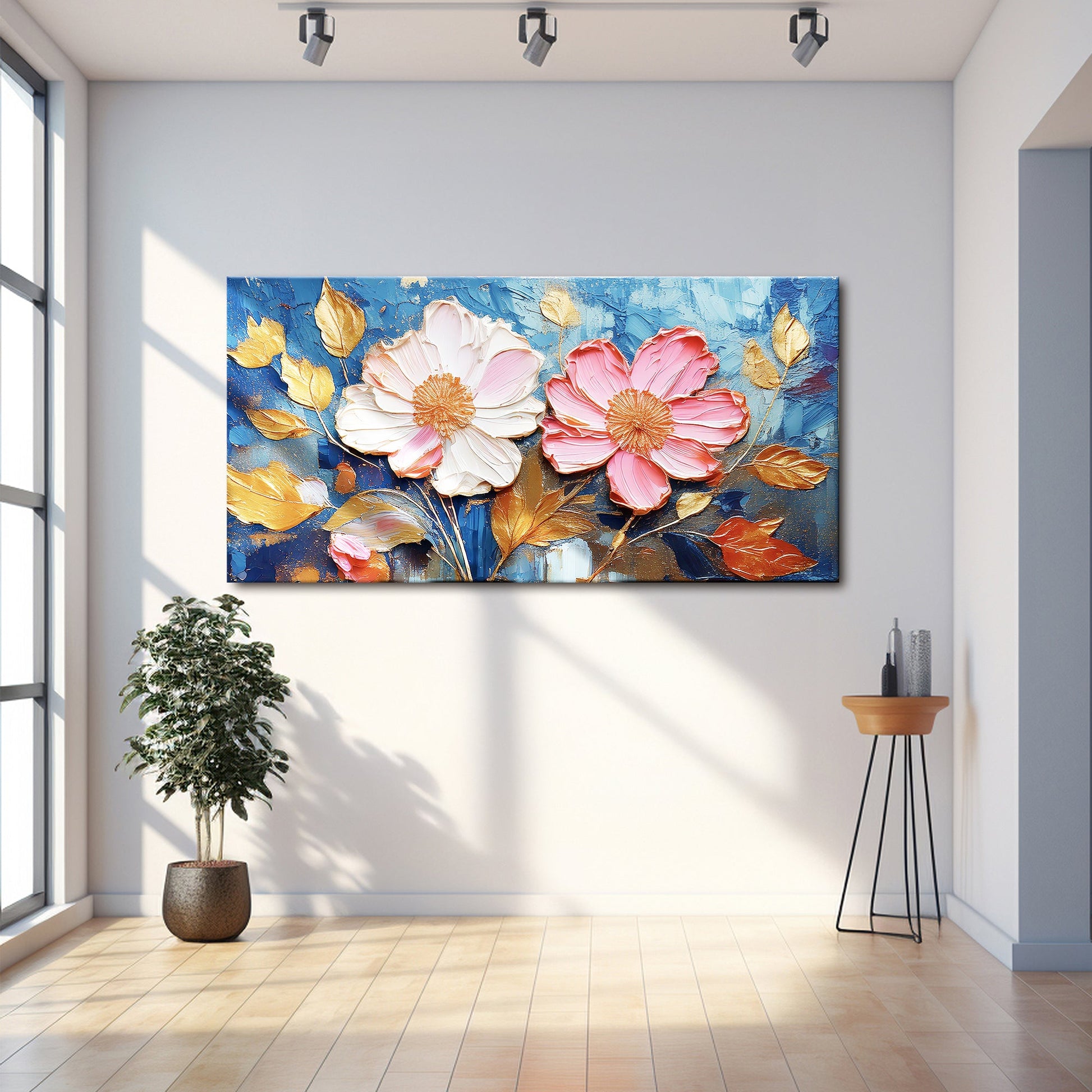 Golden Petals Impasto canvas with pink blooms and gold leaves on blue Tailored Canvases on Tampa Home & Garden Store