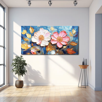 Golden Petals Impasto canvas with pink blooms and gold leaves on blue Tailored Canvases on Tampa Home & Garden Store