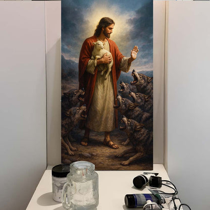Jesus Protects The Lamb From Wolves V canvas; red robe Jesus with lamb among wolves on Tampa Home & Garden Store