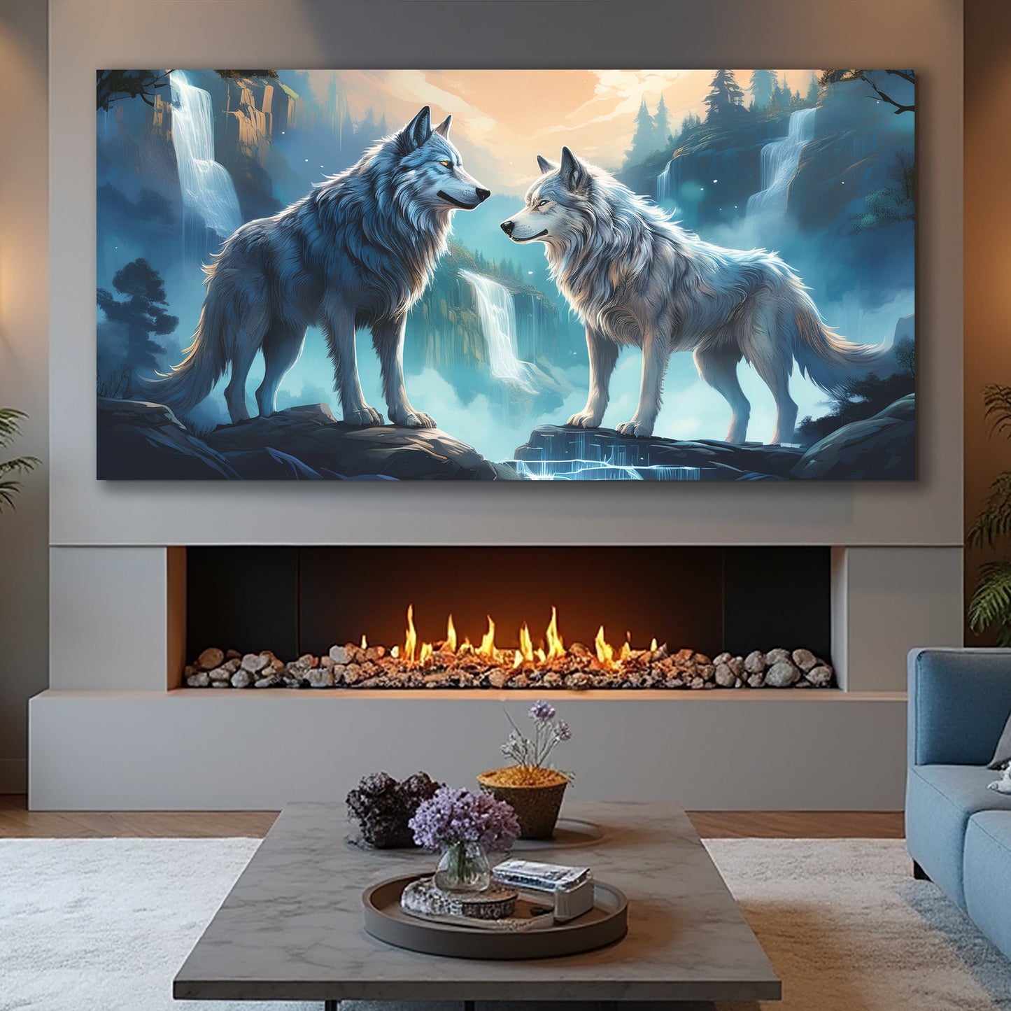 3D Wolves Wall Art IV canvas by Tailored Canvases, two blue wolves with waterfall backdrop on Tampa Home & Garden Store