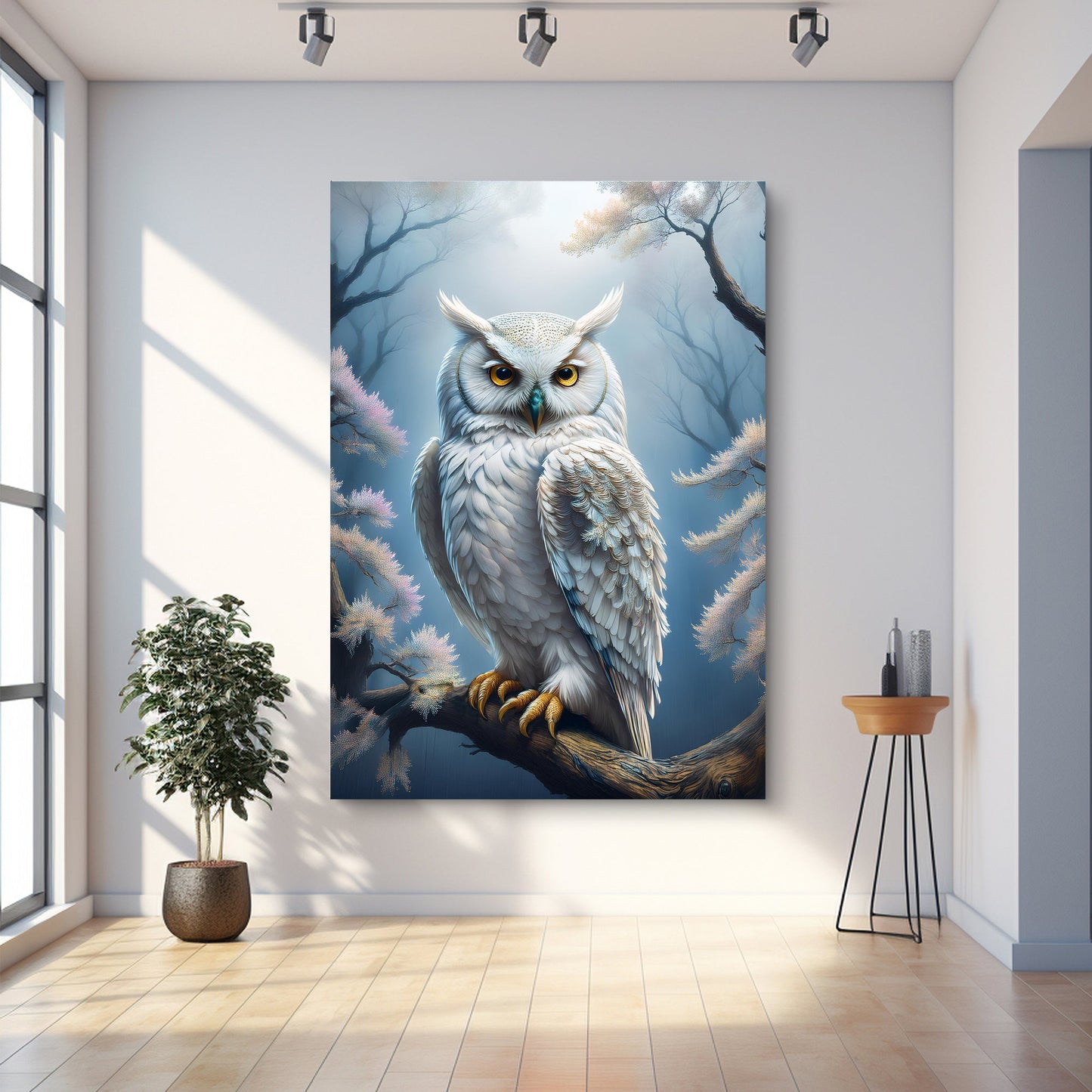 Owl Wall Art II canvas by Tailored Canvases, white owl with yellow eyes perched on a branch on Tampa Home & Garden Store