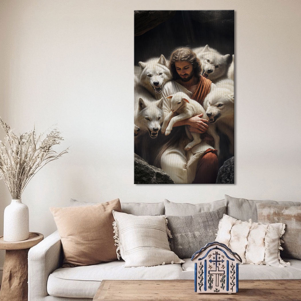Canvas wall art Jesus Protects The Lamb, Tailored Canvases white wolves surround the lamb on Tampa Home & Garden Store