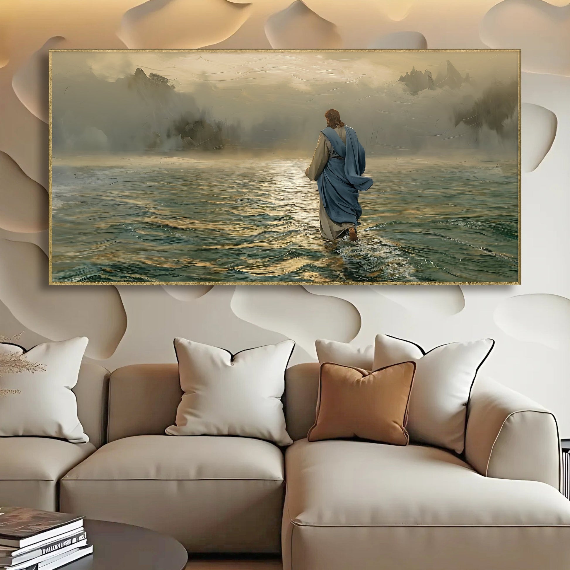 Walking on Water Faith Wall Art VI canvas by Tailored Canvases, blue-robed figure on misty sea on Tampa Home & Garden Store