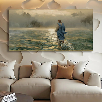 Walking on Water Faith Wall Art VI canvas by Tailored Canvases, blue-robed figure on misty sea on Tampa Home & Garden Store
