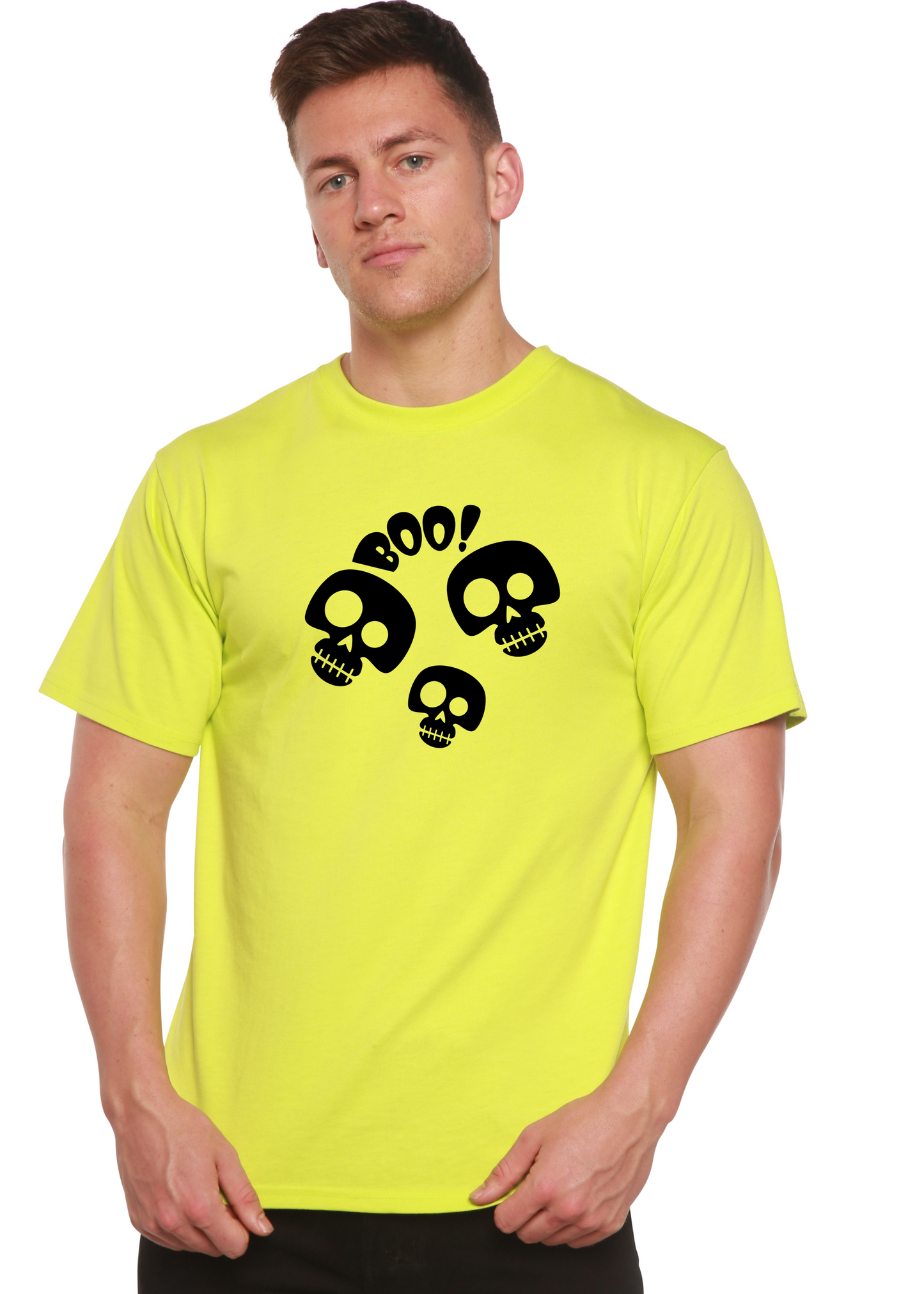 Halloween Boo tee neon yellow bamboo viscose/organic cotton with skulls by Spun Bamboo on Tampa Home & Garden Store