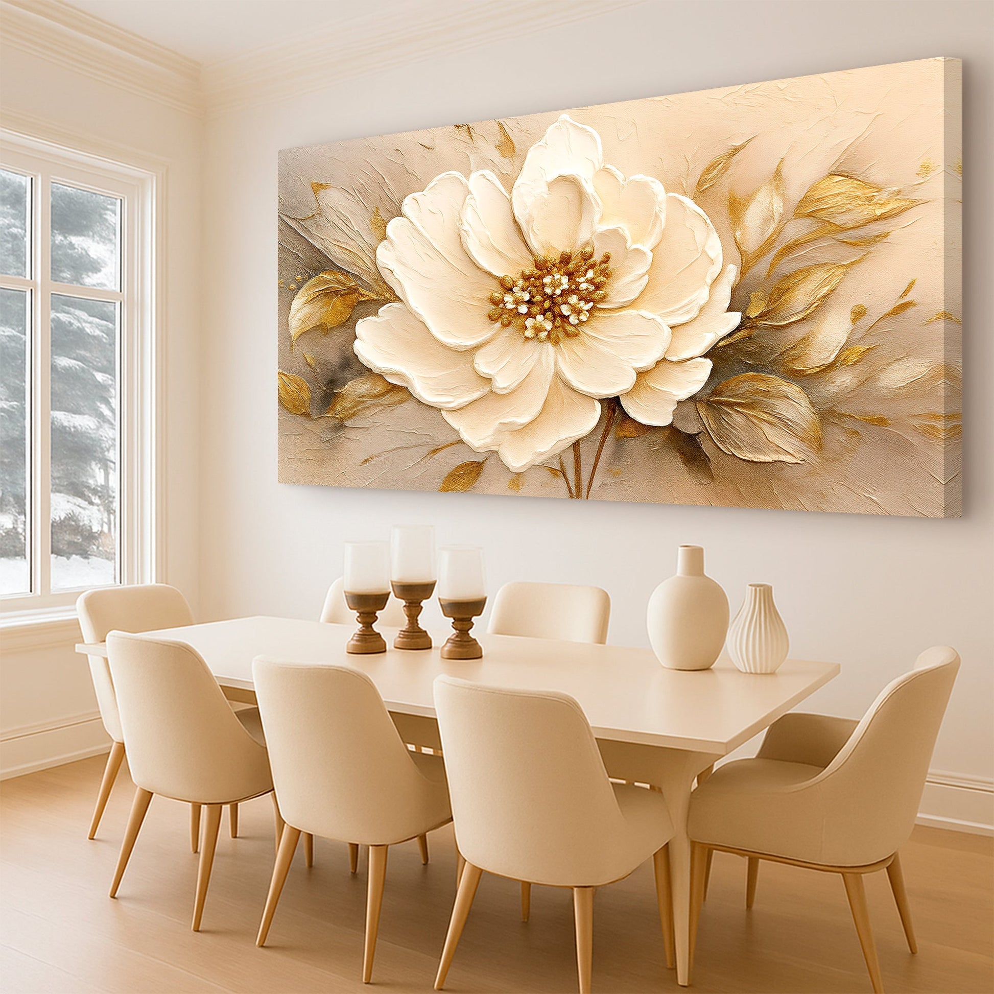 Canvas Minimalist Wall Art X featuring a large cream flower with gold leaves on Tampa Home & Garden Store