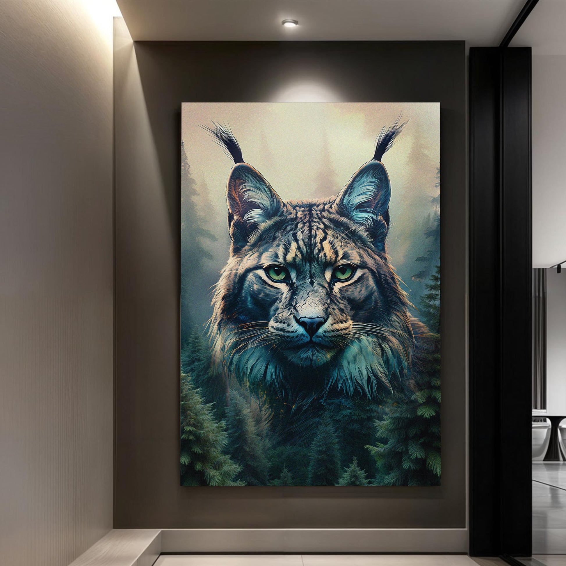 Lynx Double Exposure Wall Art canvas by Tailored Canvases closeup lynx head with forest backdrop on Tampa Home & Garden Store
