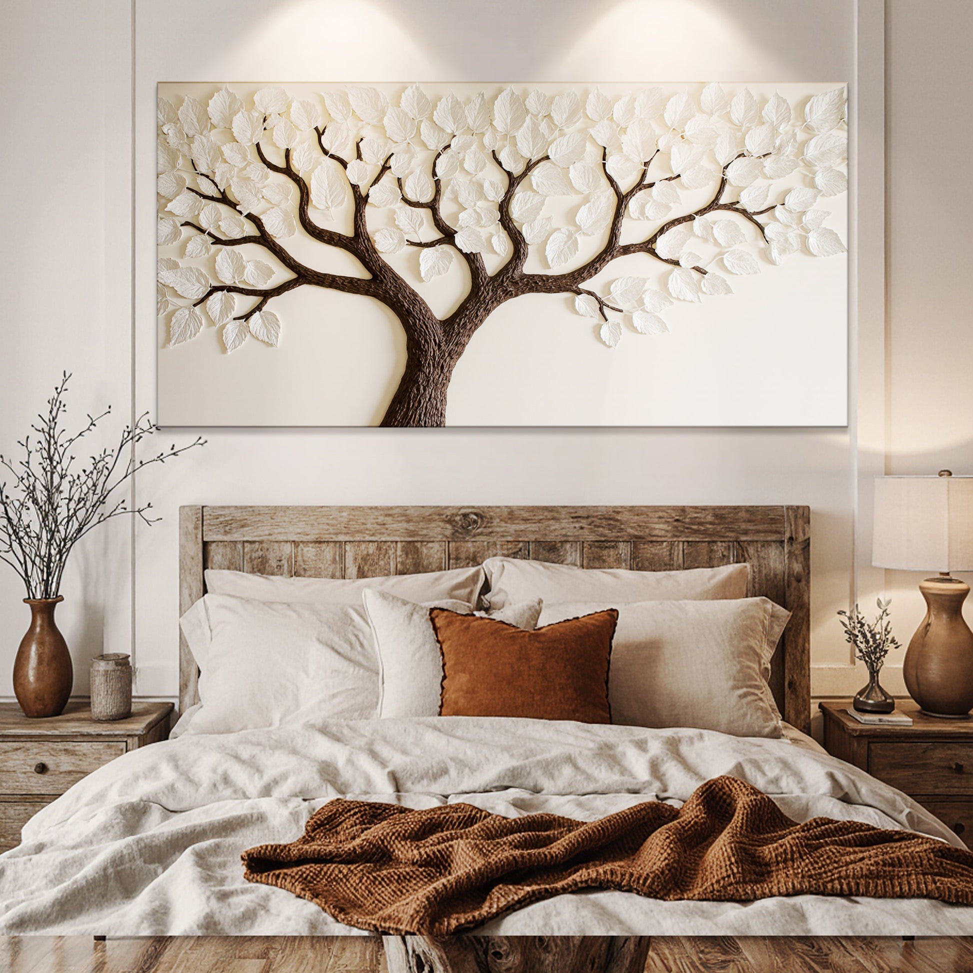 Ivory canopy tree canvas wall art by Tailored Canvases; white leaf canopy on brown trunk on Tampa Home & Garden Store